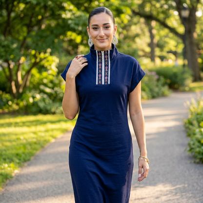 Udele Women's Dolman Sleeve Dress | Embroidered Zip Detail, Adjustable Waist