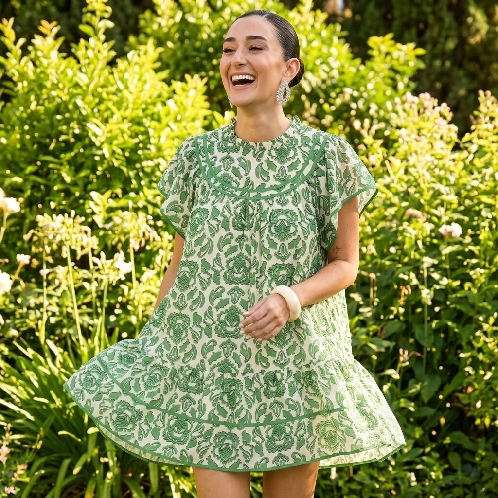 Uliana Women's Babydoll Mini Dress | Green Damask Print, Tiered Ruffle Hem