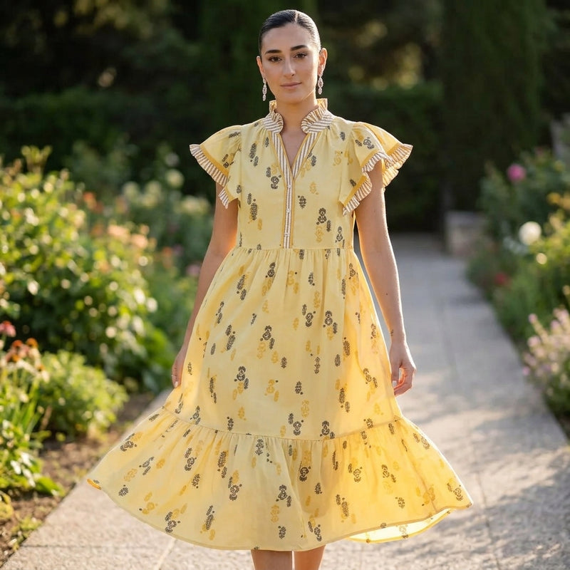 Uma Women's Midi Dress | Botanical Block Print, Striped Ruffle Sleeves