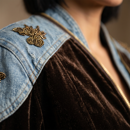 Bomber pour femme Delara | Patchwork velours et denim, épaules brodées de perles
