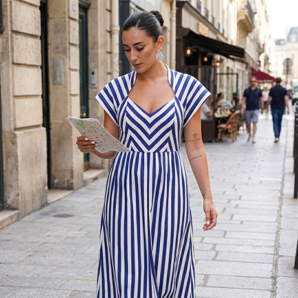 Ursa Women's Midi Dress | Striped Button-Front, Ruffled Detail