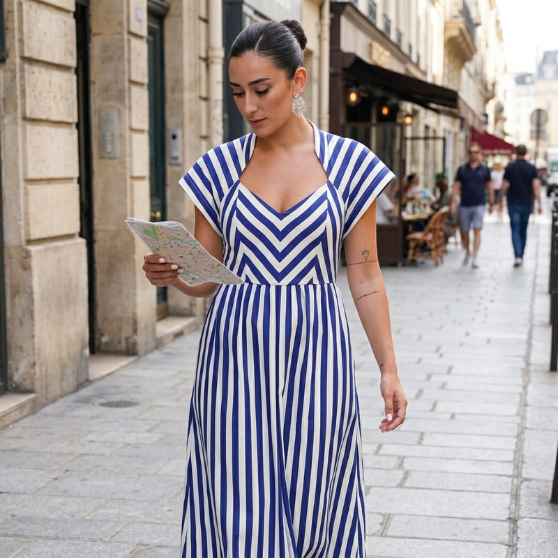 Ursa Women's Midi Dress | Striped Button-Front, Ruffled Detail