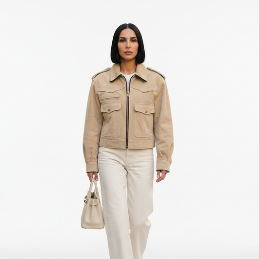 Veste courte pour femme Bella | Suède beige doux, coupe slim avec poches