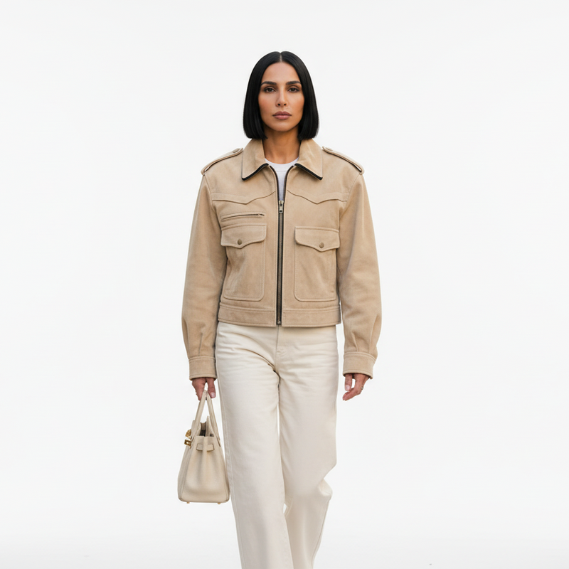 Bella Women's Cropped Jacket | Soft Beige Suede, Slim Fit with Pockets