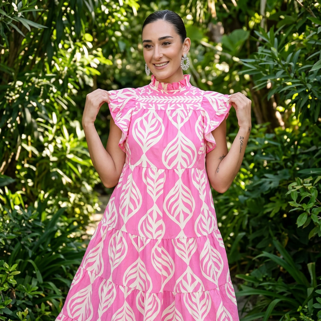 Uma Women's Maxi Dress | Leaf Print Tiered, Rayon Blend