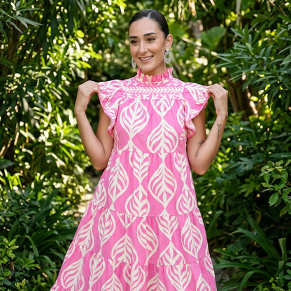 Uma Women's Maxi Dress | Leaf Print Tiered, Rayon Blend