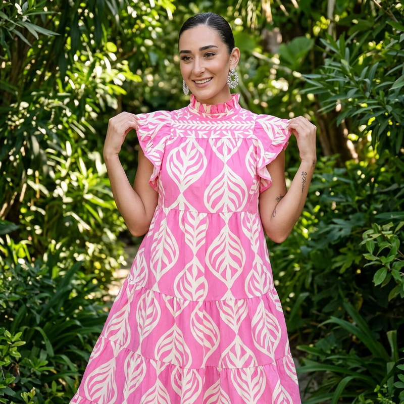 Uma Women's Maxi Dress | Leaf Print Tiered, Rayon Blend