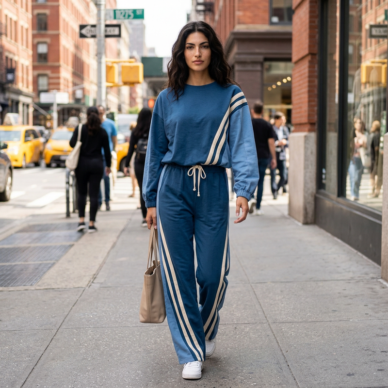 Gemma Women's Two-Piece Sweat Set | Diagonal Stripe Detail, Wide-Leg Drawstring Pants