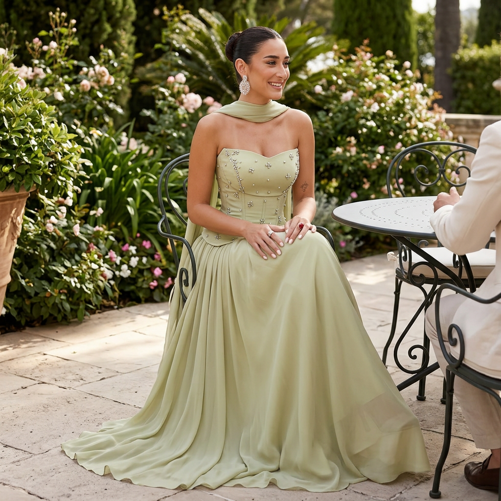 Celeste Women's Evening Gown | Crystal Embellished Corset, Flowing Cape Skirt