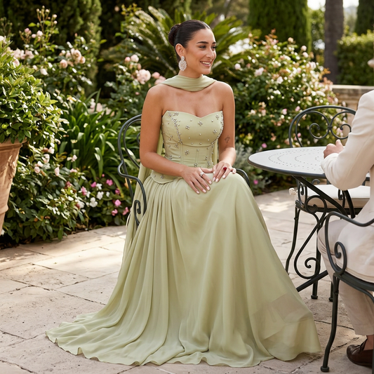 Celeste Women's Evening Gown | Crystal Embellished Corset, Flowing Cape Skirt