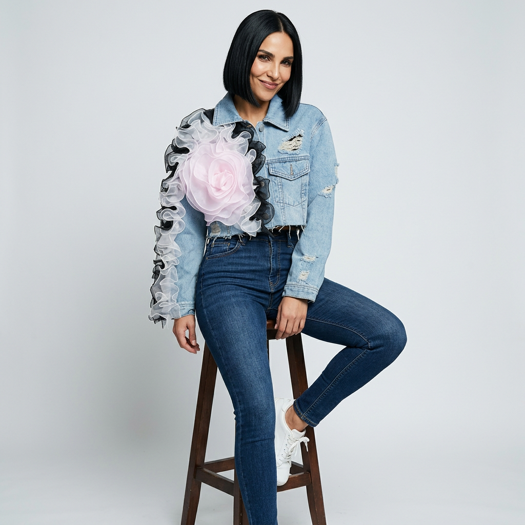 Dalia Women's Cropped Denim Jacket | 3D Organza Rose Appliqué, Distressed Raw Hem