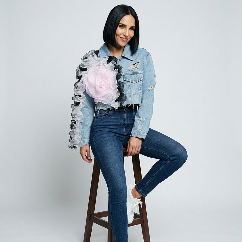 Dalia Women's Cropped Denim Jacket | 3D Organza Rose Appliqué, Distressed Raw Hem
