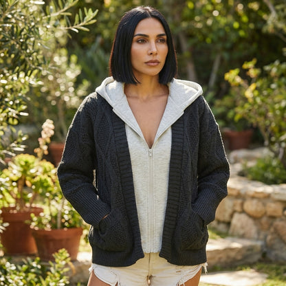 Cardigan à Capuche Tricoté Femme Brynn | Tricot Texturé en Diamant, Doublure de Capuche Contrastée