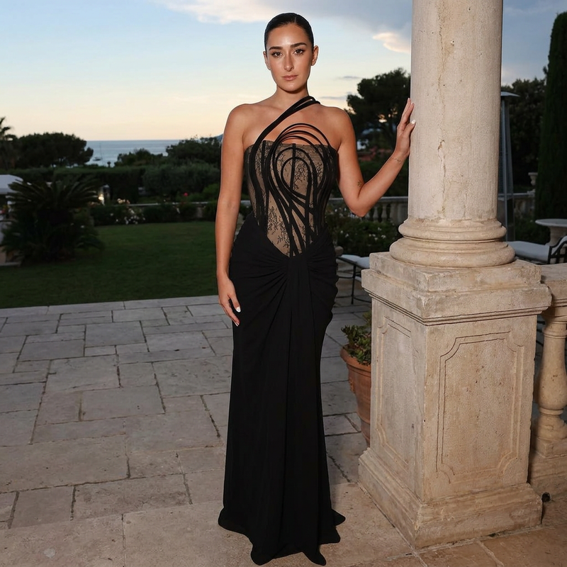 Aria Women's Evening Gown | Sheer Lace Corset Bodice, Draped Train Skirt