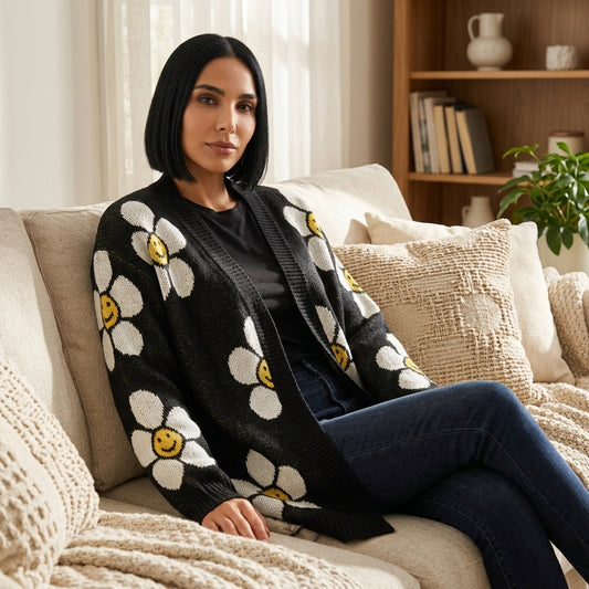 Petal Women's Longline Cardigan | Daisy Smiley Face Knit Pattern, Button Front