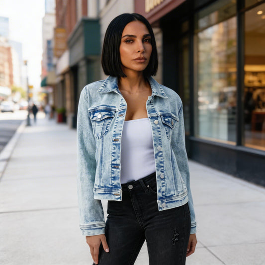 Chaqueta de denim para mujer Rebel | Acabado lavado ácido, frente con botones plateados