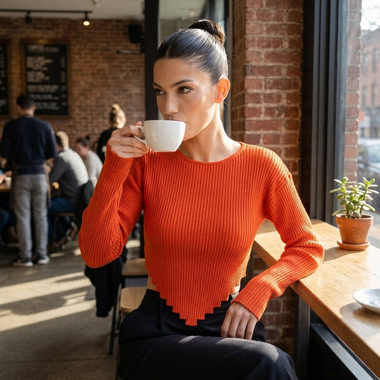 Sienna Women's Crop Sweater | Rust Ribbed Knit, Lettuce Hem