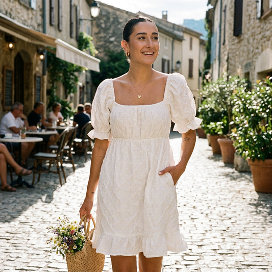 Sienna Women's Mini Dress | Textured Woven Ruching, Smocked Ruffle