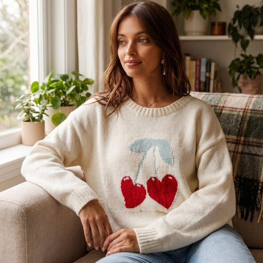 Sweetheart Women's Knit Sweater | Heart Cherry Intarsia Motif, Ribbed Cuffs