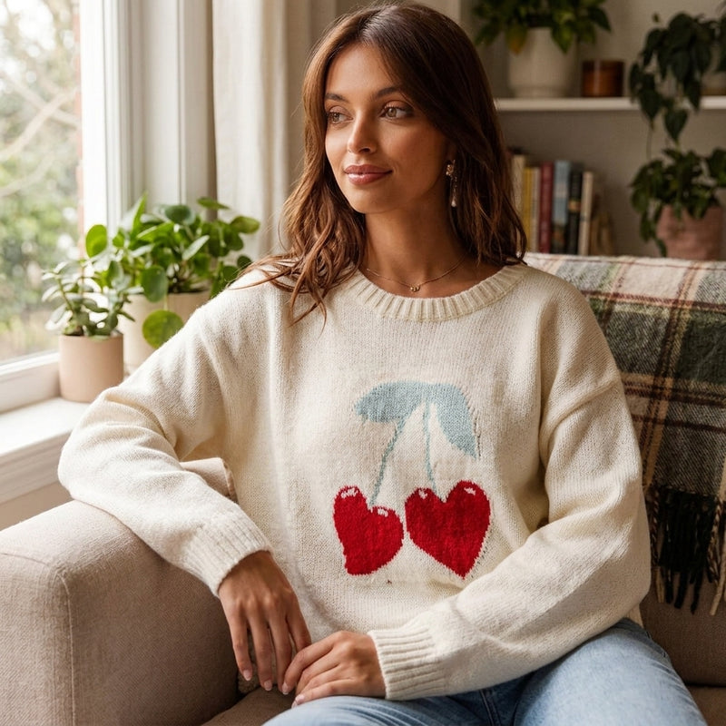 Suéter de punto para mujer Sweetheart | Motivo de intarsia de corazón de cereza, puños acanalados