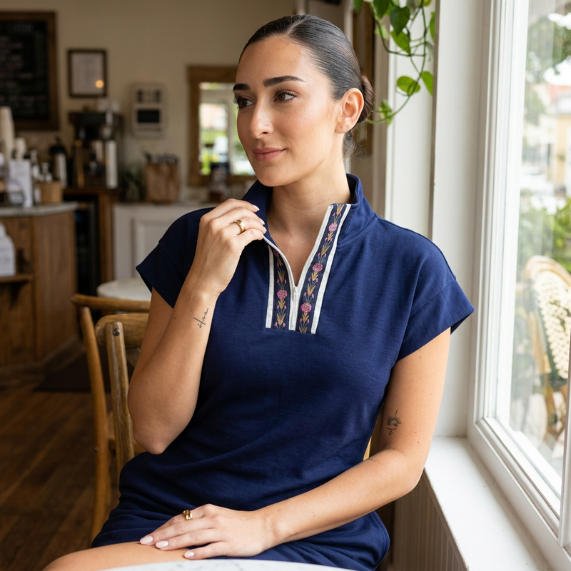 Udele Women's Dolman Sleeve Dress | Embroidered Zip Detail, Adjustable Waist