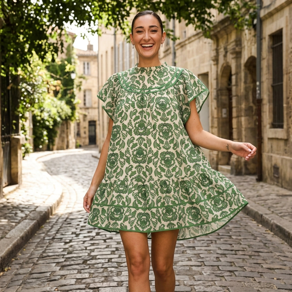Uliana Women's Babydoll Mini Dress | Green Damask Print, Tiered Ruffle Hem