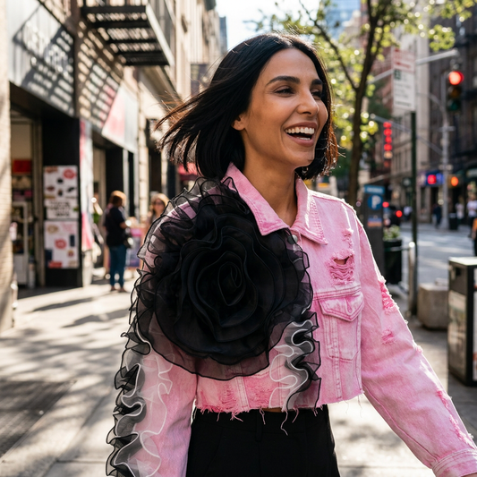 Veste en jean courte pour femme Dalia | Appliqué rose en organza 3D, ourlet brut usé
