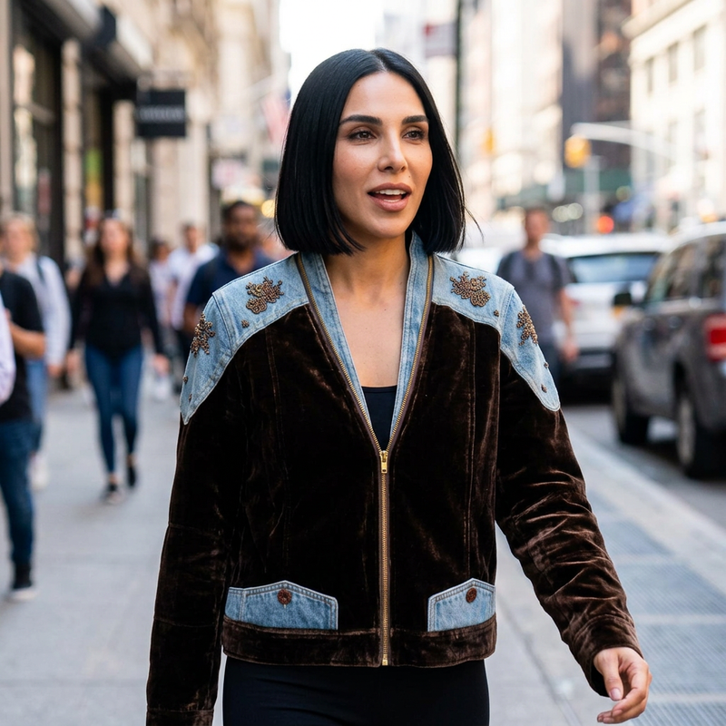 Bomber pour femme Delara | Patchwork velours et denim, épaules brodées de perles