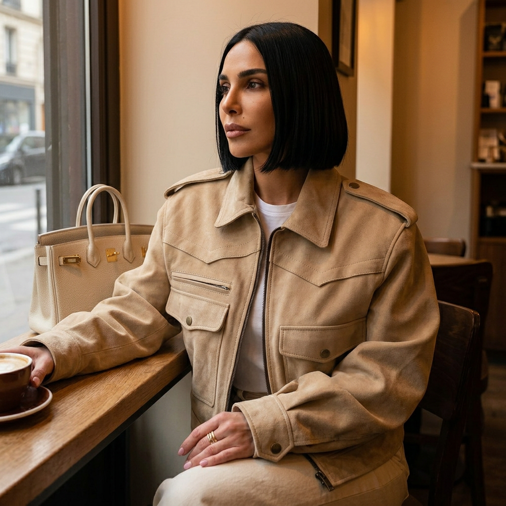 Bella Women's Cropped Jacket | Soft Beige Suede, Slim Fit with Pockets