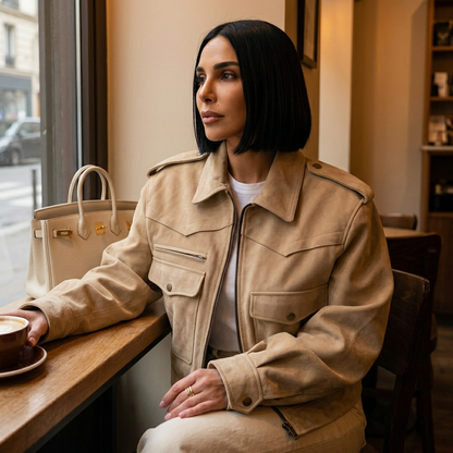 Bella Women's Cropped Jacket | Soft Beige Suede, Slim Fit with Pockets