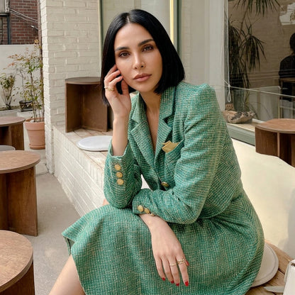 Fleur Women's Skirt Suit Set | Green Tweed Fabric, Gold Button Detail