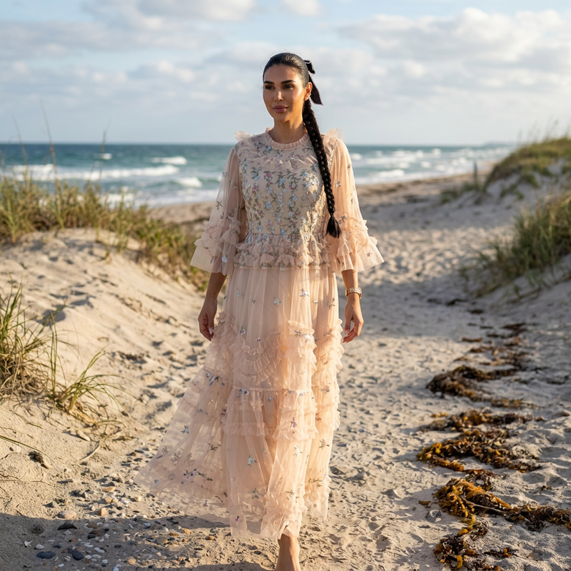 Linden Rina Women's Midi Dress | Embroidered Floral Ruffles, Elegant Summer Cocktail