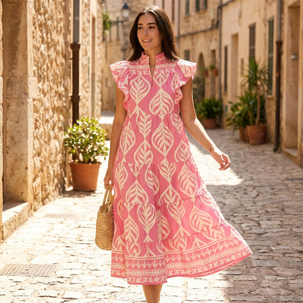 Uma Women's Maxi Dress | Leaf Print Tiered, Rayon Blend