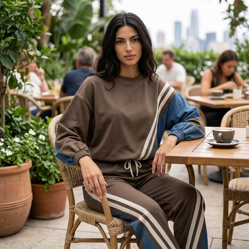 Gemma Women's Two-Piece Sweat Set | Diagonal Stripe Detail, Wide-Leg Drawstring Pants