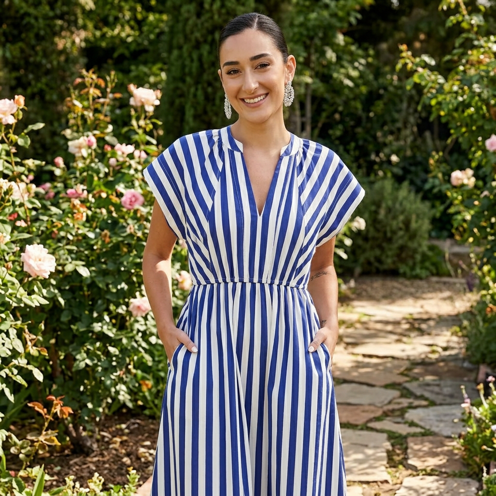 Ursa Women's Midi Dress | Striped Button-Front, Ruffled Detail