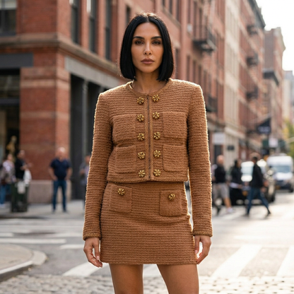 Lena Women's Two-Piece Set | Textured Tweed Fabric, Jewel Embellished Buttons