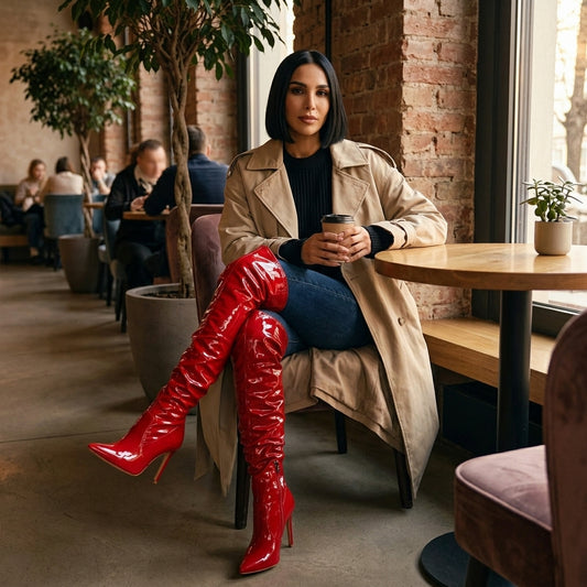 Eilyken Women's Black Thigh High Boots | Patent Leather, High Heels