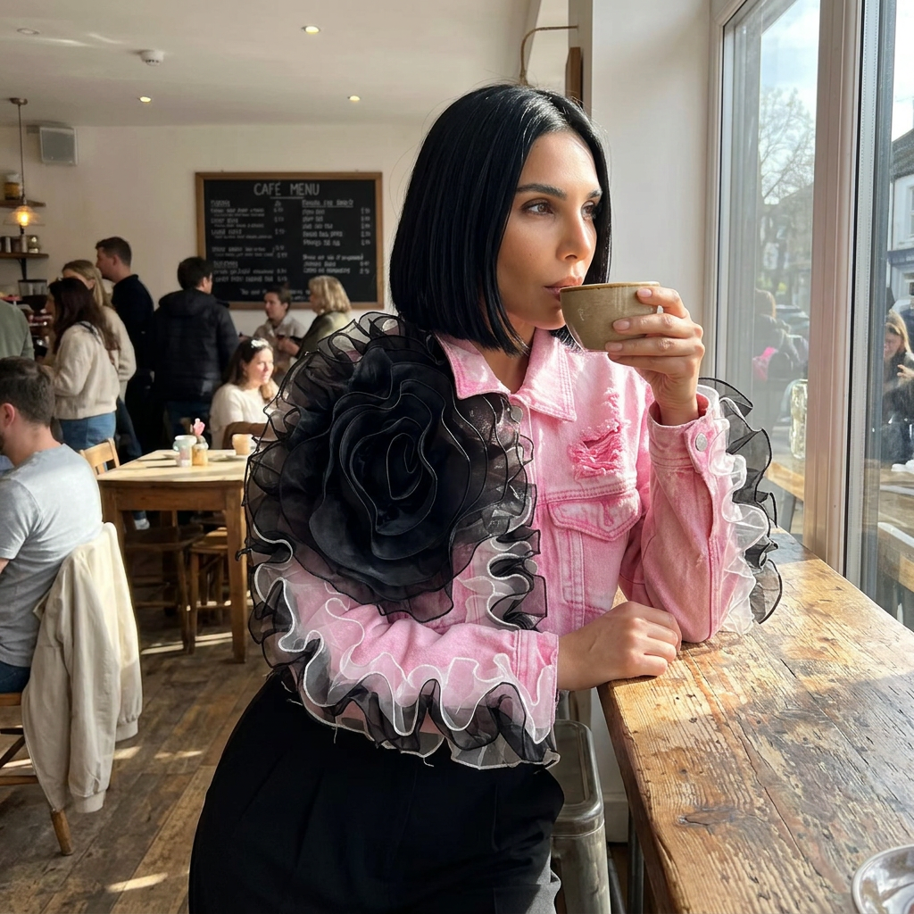 Dalia Women's Cropped Denim Jacket | 3D Organza Rose Appliqué, Distressed Raw Hem