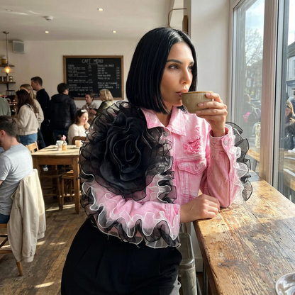 Dalia Women's Cropped Denim Jacket | 3D Organza Rose Appliqué, Distressed Raw Hem