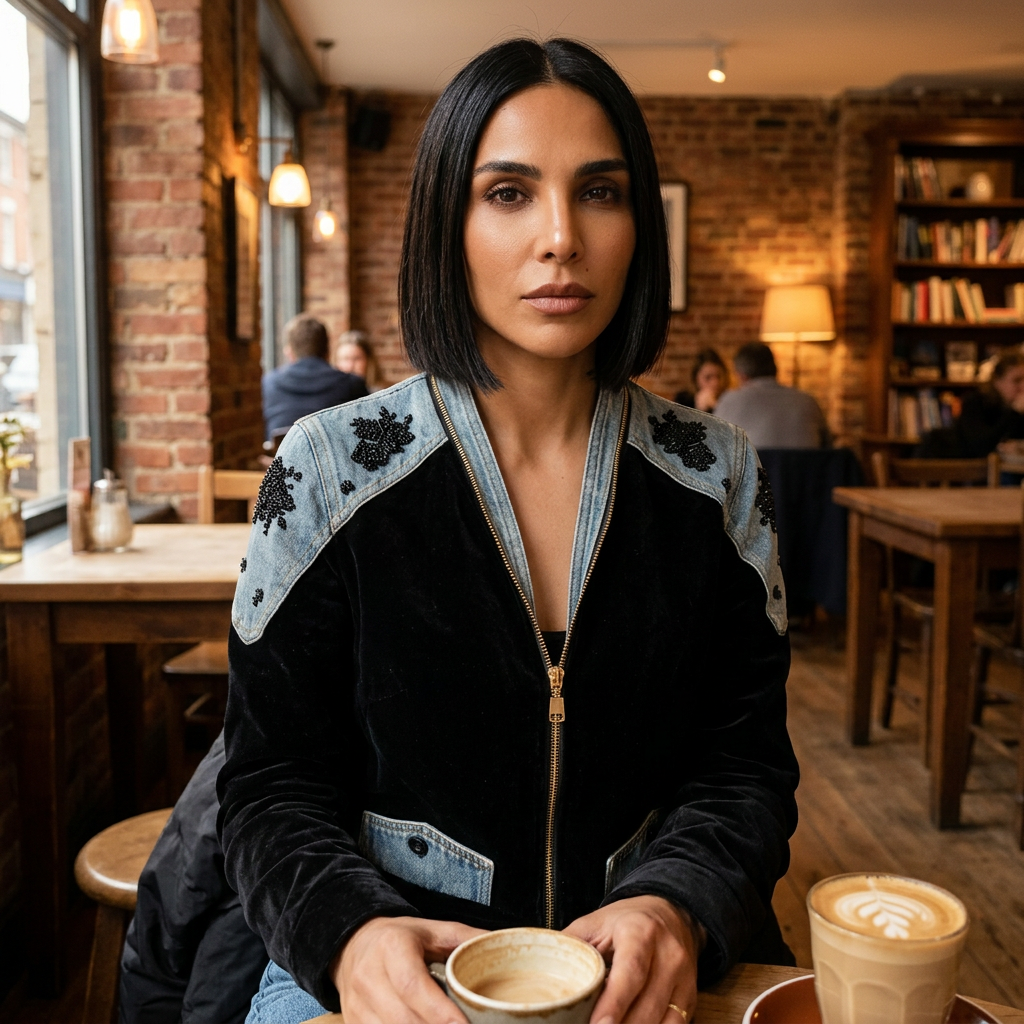 Bomber pour femme Delara | Patchwork velours et denim, épaules brodées de perles