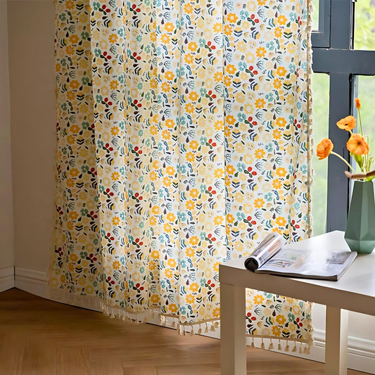 Yellow Flower Tassel Curtain | Cotton-Linen, Semi-Blackout