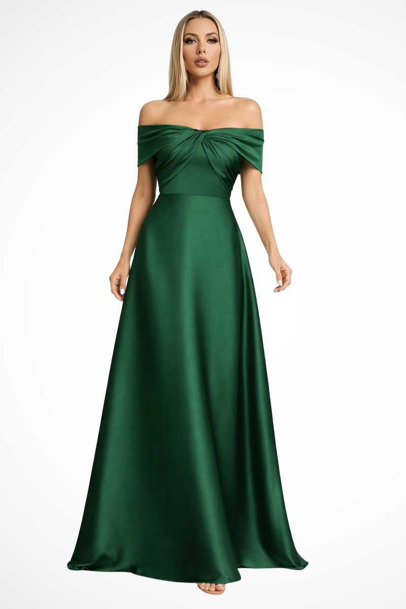 Mabel Women's Pleated Maxi Dress | Satin, Off Shoulder