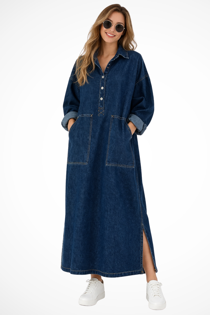 Xanthe Women's Oversized Maxi Dress | Denim, Collared, Long Sleeve