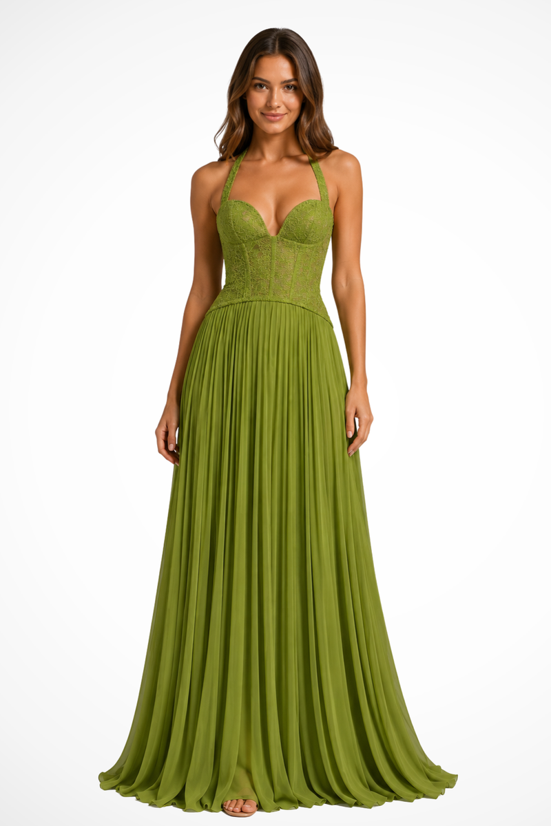 Tilda Women's Pleated Maxi Dress | Corset, Halter, Lace