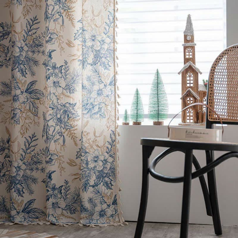 Farmhouse Botanical Blue Floral Curtain | Cotton-Linen, Semi-Blackout