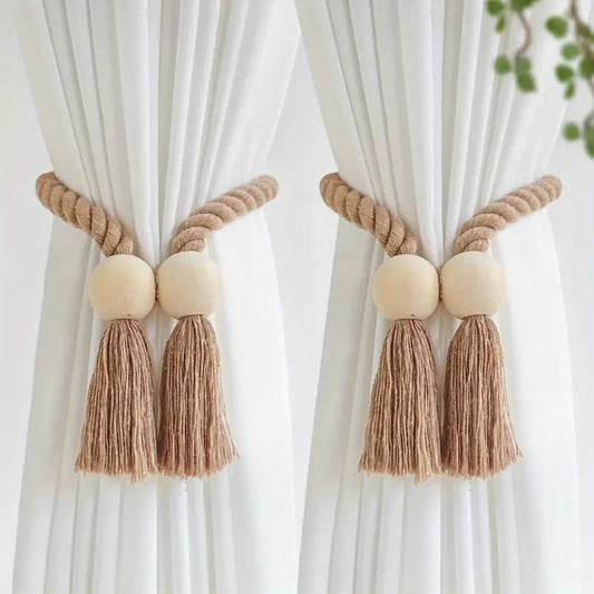 Wooden Bead Tassel Curtain Tie Backs | Handcrafted, 2-Pack
