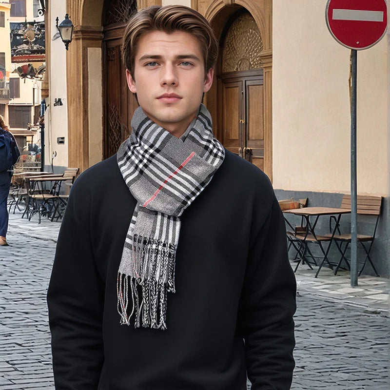 Marlow Men's Plaid Scarf - styled view