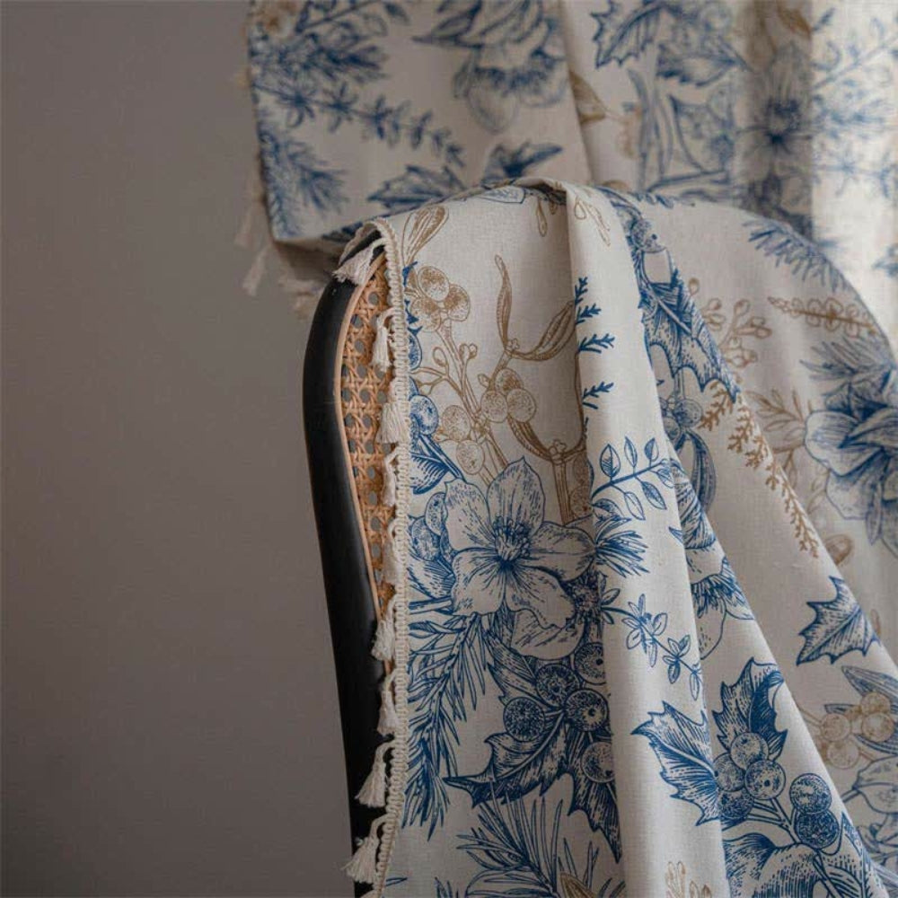 Farmhouse Botanical Blue Floral Curtain | Cotton-Linen, Semi-Blackout
