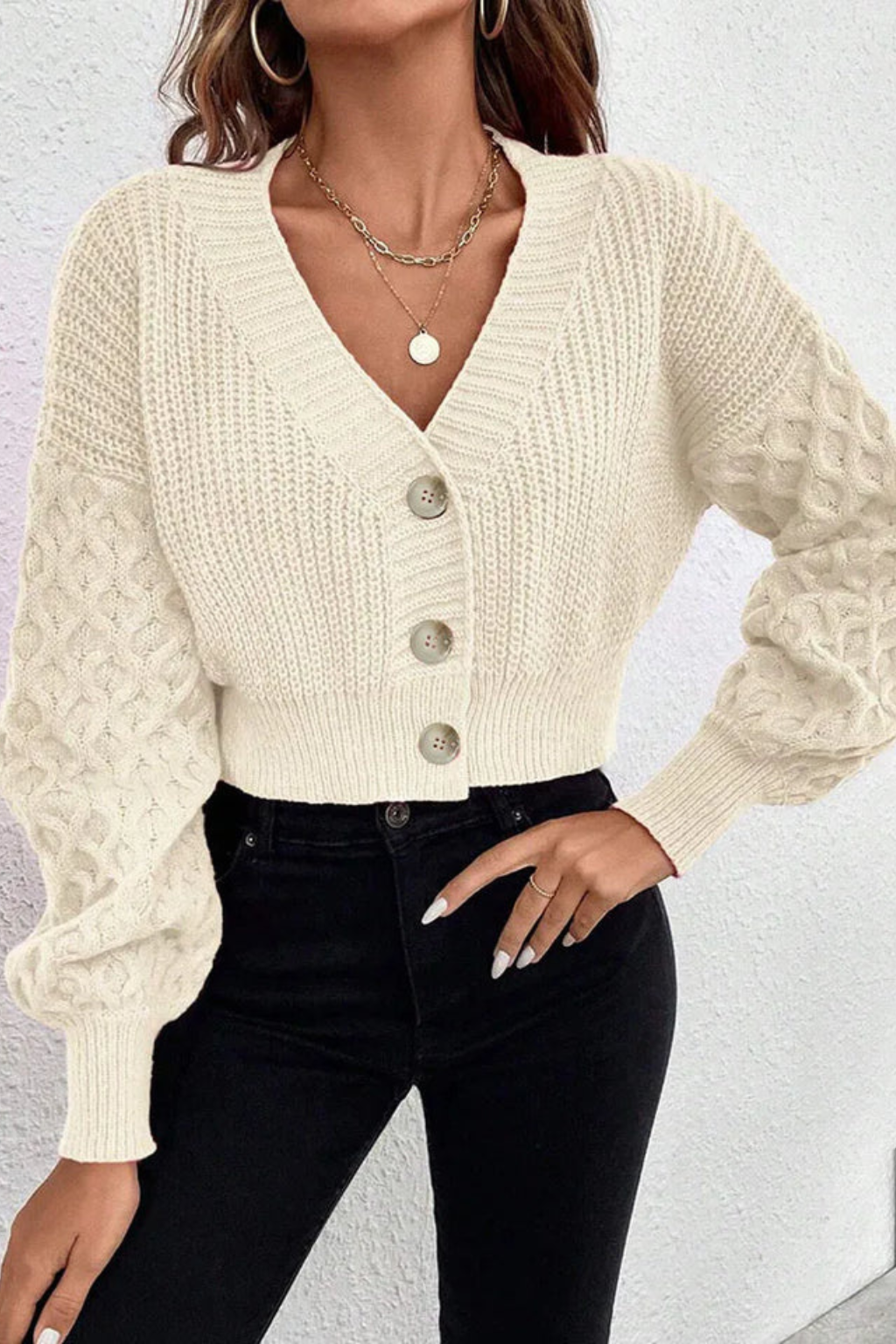 Violette Women's Cable Knit Cardigan - fabric and finish detail