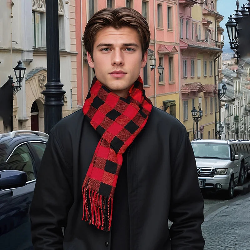 Marlow Men's Plaid Scarf - fabric and finish detail